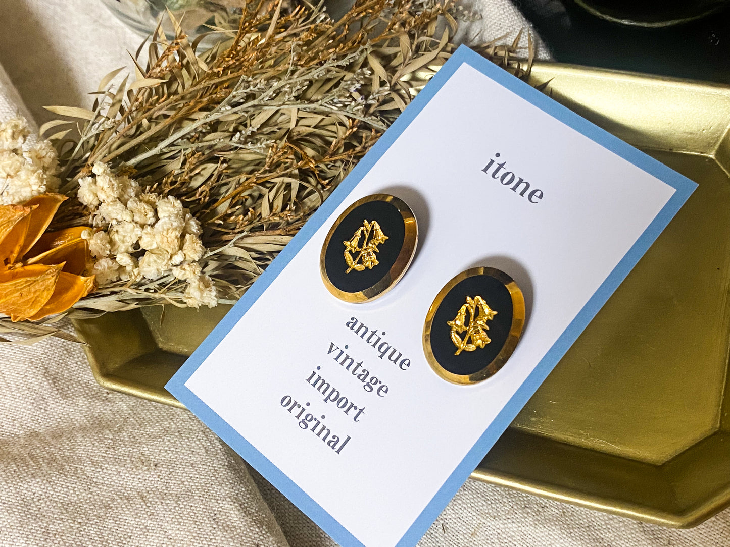 antique button black glass clip-on earrings