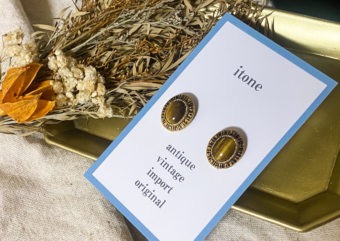 antique button tiger eye stone clip-on earrings