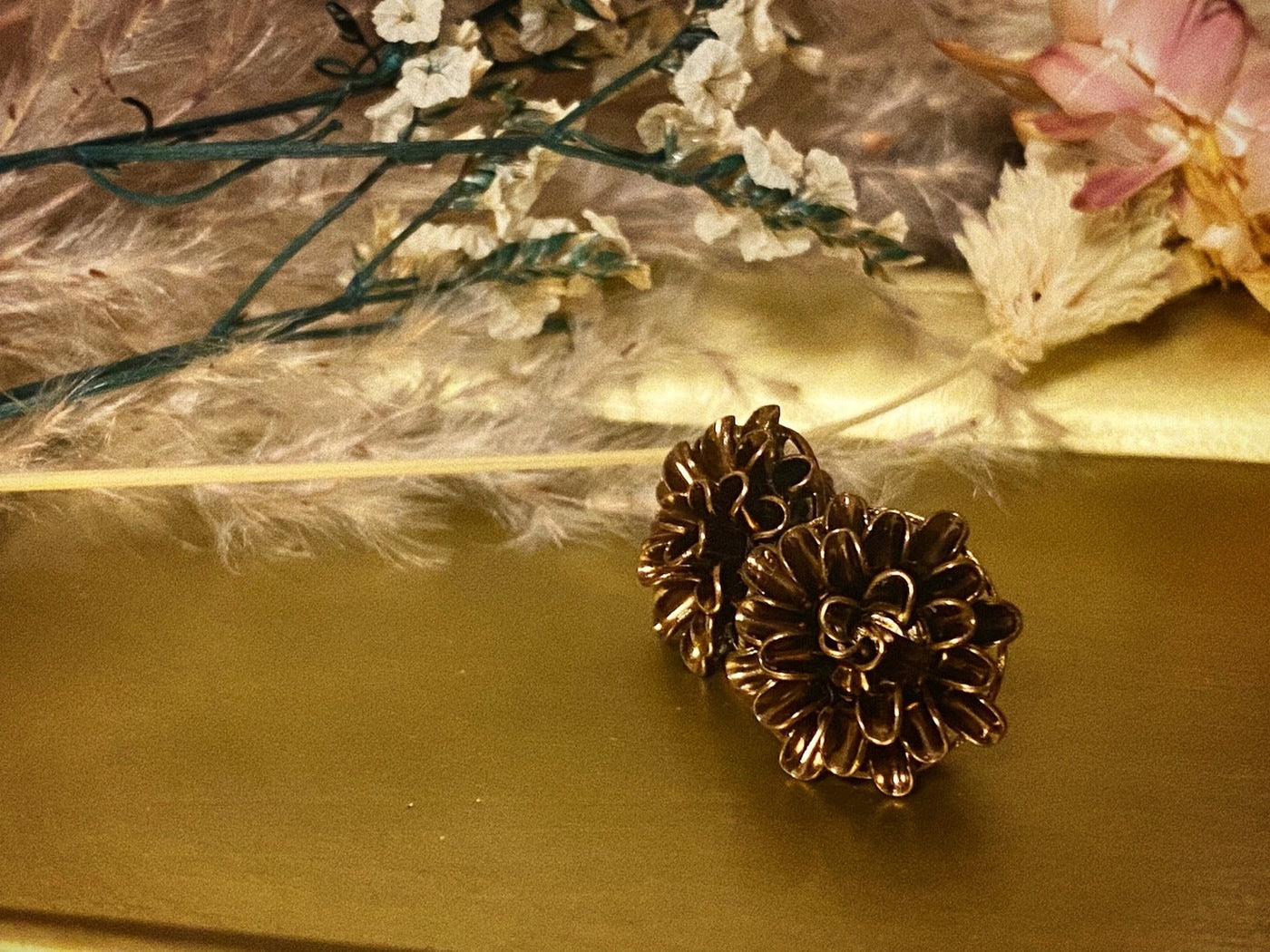 bronze flower antique button pierced earrings