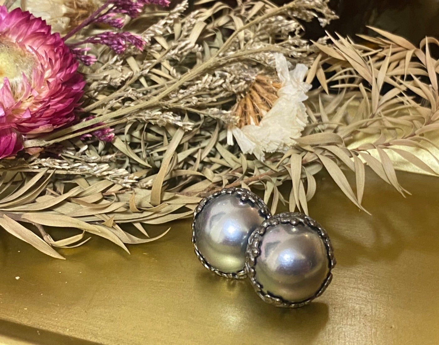 silver antique button pierced earrings