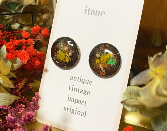 yellow flower antique resin pierced earrings