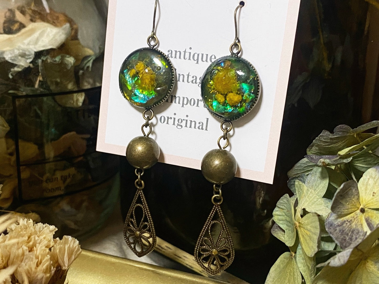 yellow flower antique resin pierced earrings