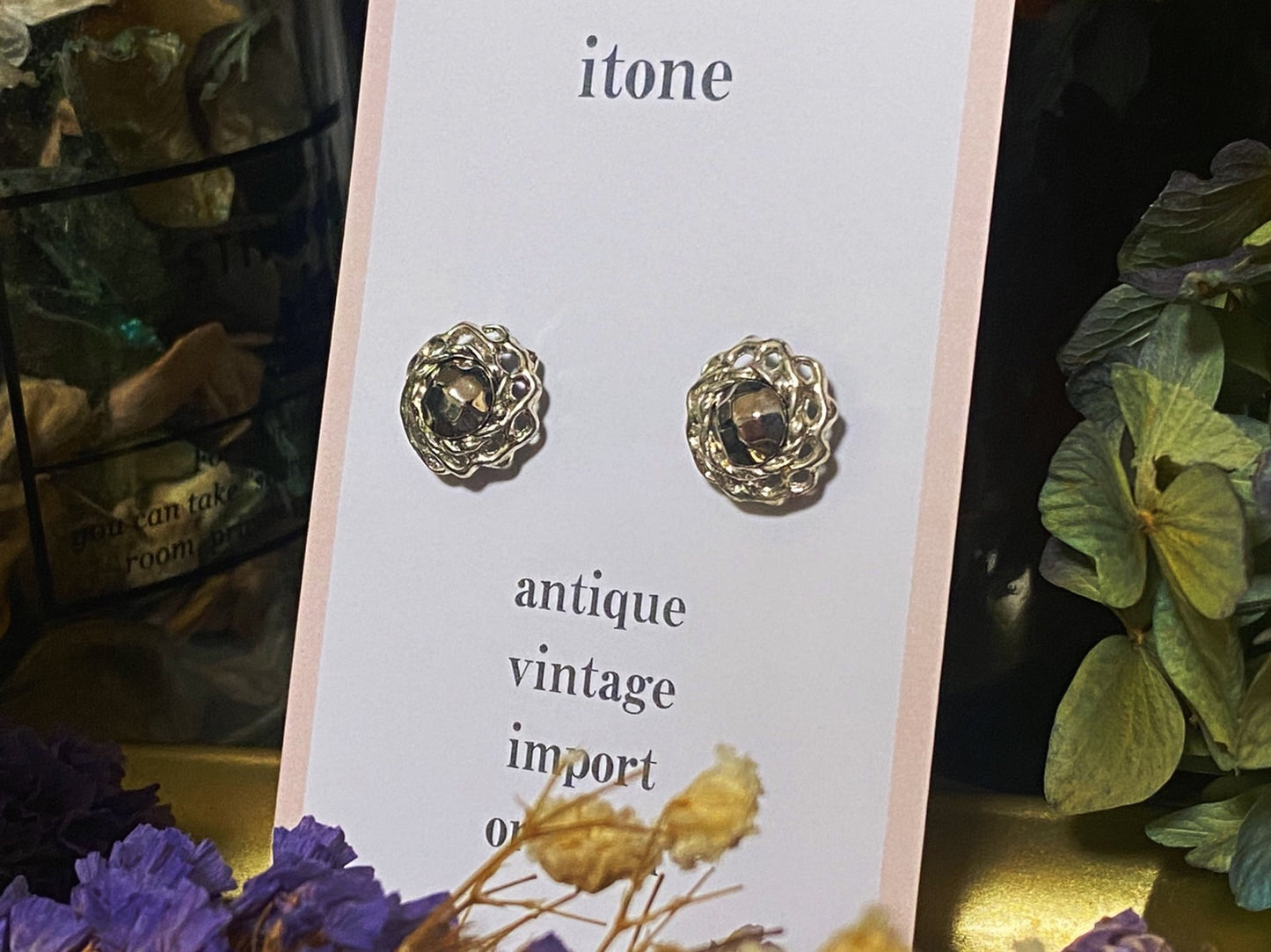 Italian silver flower antique button pierced earrings